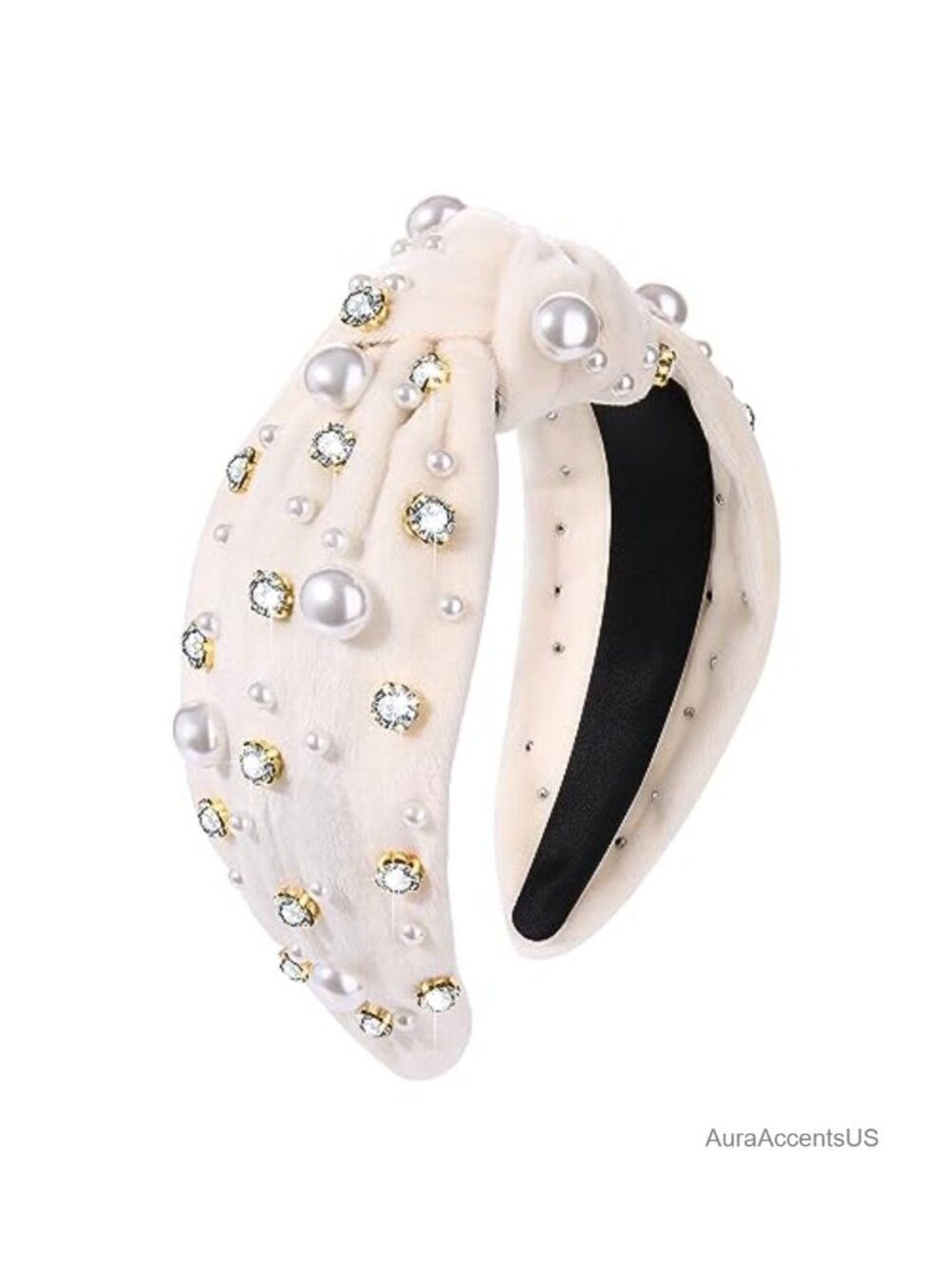 Faux Pearl Rhinestone Knot Headband Velvet Fabric Hair Accessory